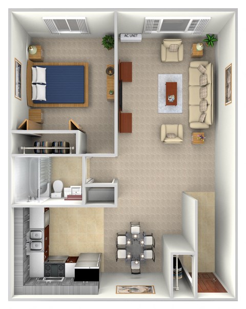 Floor plan for 1 bed, 1 bath, 686 sqft
